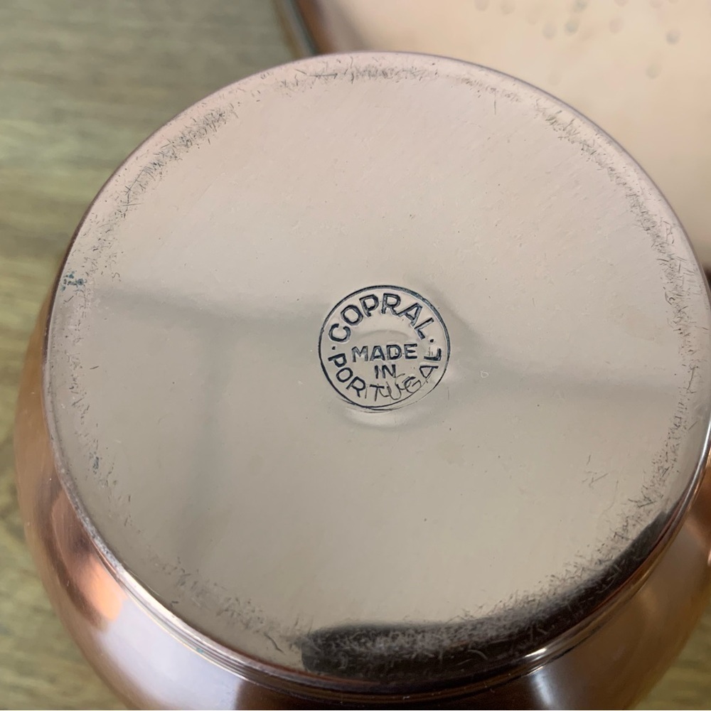 Copral Copper Brass Creamer Sugar Bowl Tray Set Made In Portugal Vtg Mixed Metal - Picture 10 of 11
